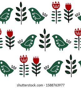 Folk art seamless pattern with flowers and birds. Scandinavian nordic style. Bright hand drawn shapes on white background.