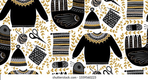 Folk art seamless pattern illustration with birds and a set of tools for knitting and crochet. Scandinavian hand-drawn design composition. Yarn, scissors, sweater, hat. 