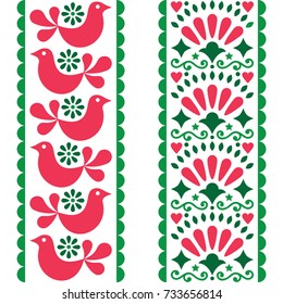 Nahtloses Muster für Folk Art - mexikanisches Design mit langen Streifen und Blumen in Rosa und Grün
Wiederholender Hintergrund, Retro-Muster, inspiriert von Kunst aus Mexiko einzeln auf Weiß

 