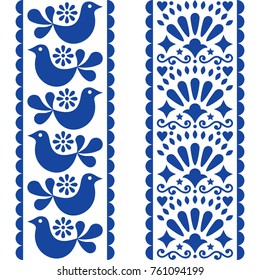 Folk art seamless pattern - Mexican style long stripes design with birds and flowers in navy blue Repetitive background, retro patterns inspired by art from Mexico isolated on white
