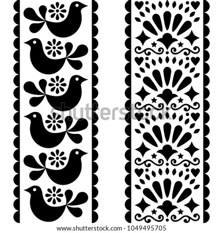 Folk art seamless pattern - Mexican style long stripes design with birds and flowers in black and white.

Repetitive monochrome background, retro patterns inspired by art from Mexico isolated on white