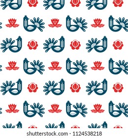 Folk art seamless pattern with peacock and floral elements. Nordic decorative ornaments. Vector print.  