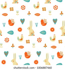 Folk art seamless pattern with rabbit, bird and decorative elements. Vector illustration.