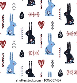 Folk art seamless pattern with rabbit and decorative elements. Vector illustration.