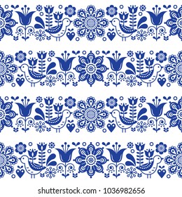 Folk art seamless vector floral pattern, Scandinavian navy blue repetitive design, Nordic ornament.

Retro floral background inspired by Swedish and Norwegian traditional embroidery 