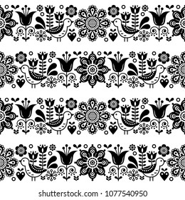 Folk art seamless vector floral pattern, Scandinavian black and white repetitive design, Nordic ornament.
Retro monochrome floral background inspired by Swedish and Norwegian traditional embroidery 