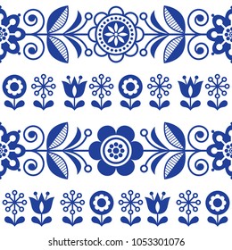 Folk art seamless vector pattern with flowers, navy blue floral repetitive design - Scandinavian style.

Retro navy blue background with flowers inspired by Swedish and Norwegian traditional art