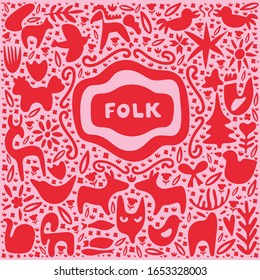 Folk art square tile in red and pink. Doodle with frame for text. Scandinavian style with traditional geometric shapes. Folklore cliparts elements for notebook, tile, napkins, coasters, postcard