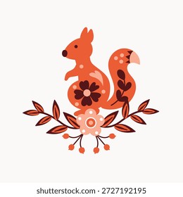 Folk Art Squirrel With Floral Elements. White background, isolated	