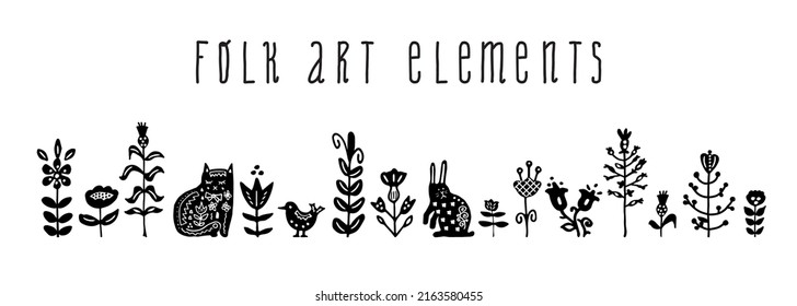 Folk art style  elements. Flowers, cat, bird, rabbit. Hand drawn vector design. Traditional decoration ornament.