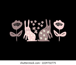 Folk art style  elements. Flowers and rabbits. Hand drawn vector design. 2023 symbol. Romantic theme. Traditional decoration ornament.