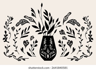 Folk art style, houseplants, flower vase, vector illustration