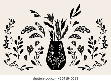 Folk art style, houseplants, flower vase, vector illustration