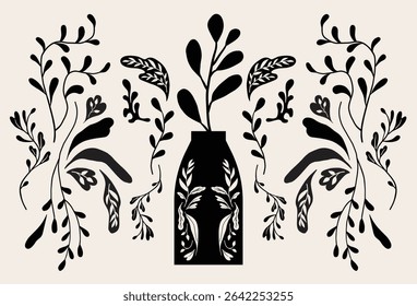Folk art style, houseplants, flower vase, vector illustration. Symmetric graphic design.