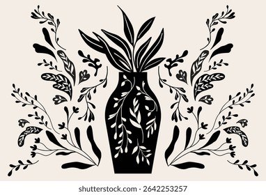 Folk art style, houseplants, flower vase, vector illustration. Symmetric graphic design.