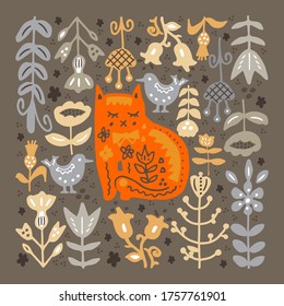 Folk art style pattern with cats, birds and flowers. Vector design composition for book illustration, childrens room decoration, textile decorative tipography, design elements . 
