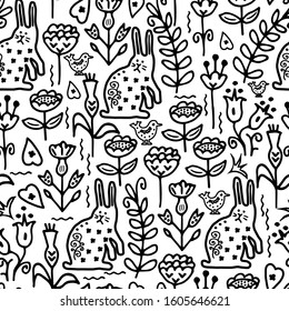 Folk art style seamless pattern with here, and flowers. Vector design composition for children`s room wall paper, textile, wrapping paper. Black and white graphic.
