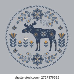 Ilustração vetorial estilo arte popular com um alce cercado por padrões florais e formas geométricas. Os detalhes intrincados e a simetria criam um apelo visual cativante.