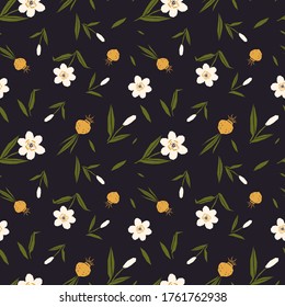folk art style vintage vibe daffodil seamless repeated pattern in dark blue background