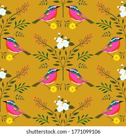 Folk art style whimsical birds and botanical illustration seamless symmetrical pattern, brick offset, wallpaper, wrapping, surface design, textile design, fabric, repeated