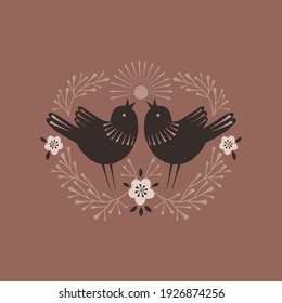 Folk art symmetrical ornament with bird and floral elements. Folksy animalistic decorative design for Spring Easter greeting. Vector folklore illustration for card poster wall art home decor
