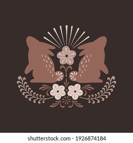 Folk art symmetrical ornament with bunny and floral elements. Folksy animalistic decorative design for Spring Easter greeting. Vector folklore illustration for card poster wall art home decor