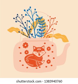 folk art tea pot with flower block print vector illustration