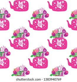 folk art tea pot with flower block print vector illustration seamless pattern