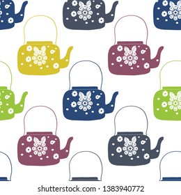 folk art tea pot with flower block print vector illustration seamless pattern