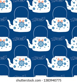 folk art tea pot with flower block print vector illustration seamless pattern