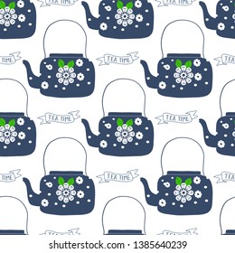folk art tea pot with flower block print vector illustration