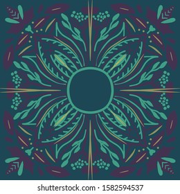 Folk art turquoise  pattern in Scandinavian style.Floral,  leaves vector illustration