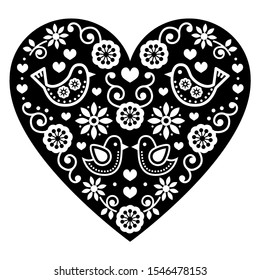 Folk art Valentine's Day heart in black and white - love, wedding invitation, greeting card. Vector monochrome folk heart with flowers and birds, cute Scandinavian style decoration 
 