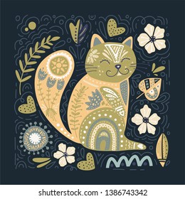 Folk art vector animal illustration in scandinavian style. Tribal nordic square card with detailed cat and floral decoration.