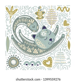 Folk art vector animal illustration in scandinavian style. Tribal nordic square card with detailed cat and floral decoration.