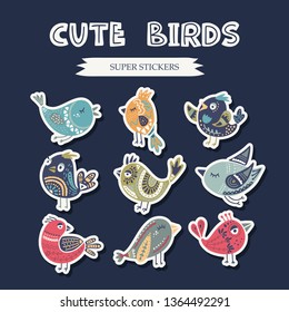 Folk art vector bird set. Animal illustrations in scandinavian style. Tribal nordic stickers on dark background.