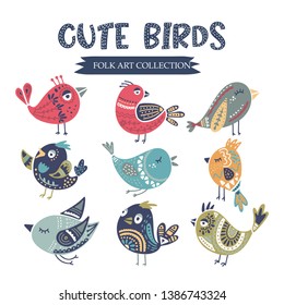Folk art vector bird set. Animal illustrations in scandinavian style. Tribal nordic art.