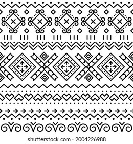 Folk art vector black seamless geometric pattern from Slovakia, ethnic ornament inspired by traditional painted houses from village Cicmany in Zilina region, Slovakia. Retro background with swirls 