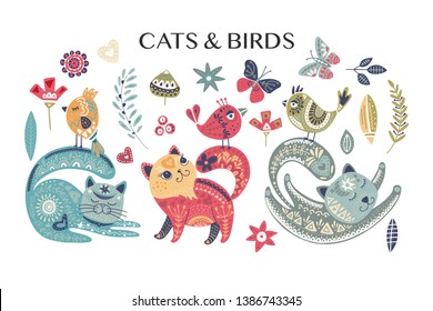 Folk Art Vector Cat And Bird Set In Scandinavian Style. Tribal Nordic Detailed Animal And Floral Collection. Ethnic Illustrations.