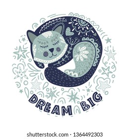 Folk art vector cat illustration in scandinavian style. Tribal nordic art with lettering - Dream big. Ethnic card.