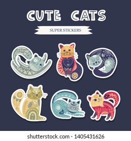 Folk art vector cat set in scandinavian style. Tribal nordic detailed animal sticker collection. Ethnic cute illustrations.