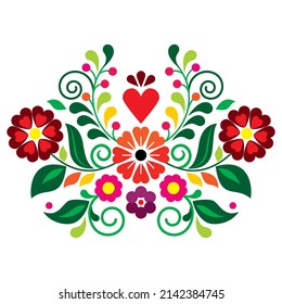 Folk art vector design with flowers, leaves and heart, Mexican traditional embroidcery style perfect for greeting card or wedding invitation pattern. Retro floral background, vibrant nature ornamental