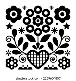 Folk art vector design with flowers and heart from Nowy Sacz in Poland inspired by traditional highlanders embroidery Lachy Sadeckie in black and white. Polish floral ornament - Valentine's Day