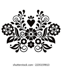 Folk art vector design with flowers, leaves and heart, Mexican traditional embroidcery style perfect for greeting card or wedding invitation pattern in black and white. Retro monochrome floral art