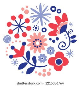 Folk art vector floral greeting card design, round pattern with flowers Scandinavian, hand drawn style in red and navy blue.
Retro repetitive decoration in circle, wedding or birthday party invitation