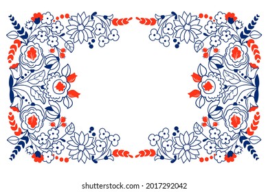 Folk art vector frame, cute floral border, greetings card. Vector illustration
