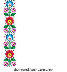 Folk art vector greeting card or wedding invitation - Polish traditional pattern with flowers - Wycinanki Lowickie. Retro floral decoration, Slavic colorful design on white, repetitive background 