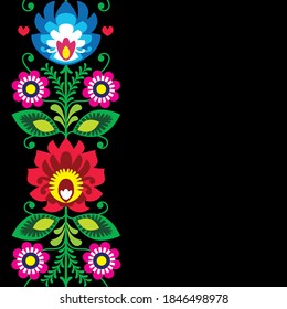 Folk art vector greeting card or invitation - Polish traditional pattern with flowers - Wycinanki Lowickie on black. Retro floral decoration, Slavic colorful design, repetitive background from Poland 