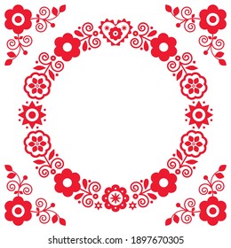 Folk art vector greeting card or wedding invitiation design with wreath and floral corners inspired by Polish embroidery Lachy Sadeckie. Floral bohemian decoration in circle, cute retro ethnic design 
