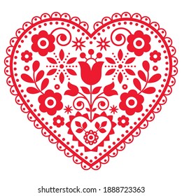 Folk art vector heart design with flowers perfect for Valentine's Day greeting card or wedding invitation - Polish pattern. Floral heart ornament inspired by floral embroidery Lachy Sadeckie, Poland